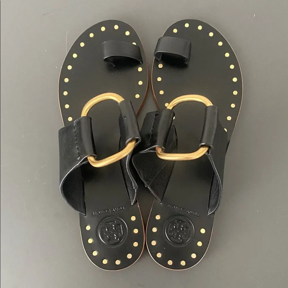 Tory Burch Black Leather Toe-Ring Slide Sandals Gold Hardware Sz 5.5 Chic NWOB
